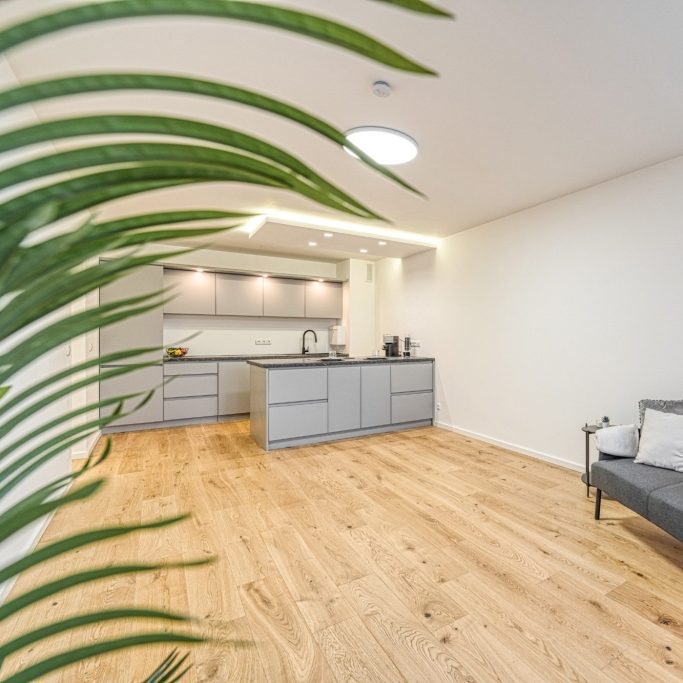 Wohnungssanierung München offener Wohn- und Küchenbereich mit hochwertigem Innenausbau und Eichenparkett